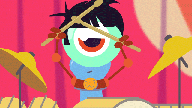 animated character videos for kids - alien eye playing drums gif