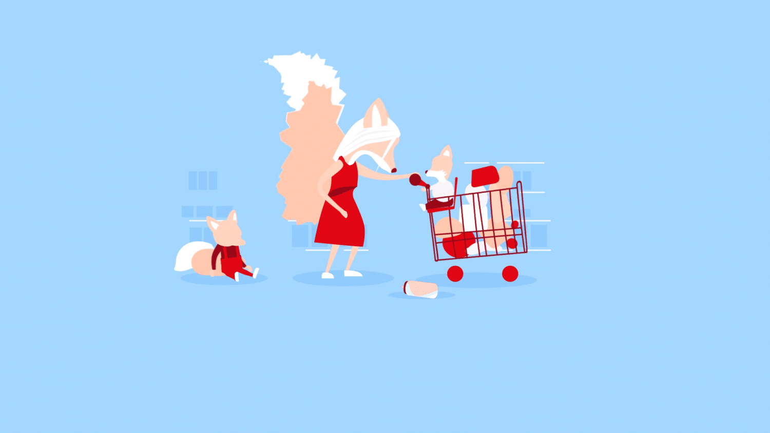 Image of The Big Issue Foundation's #EasyGiving Campaign showing mother fox shopping with children