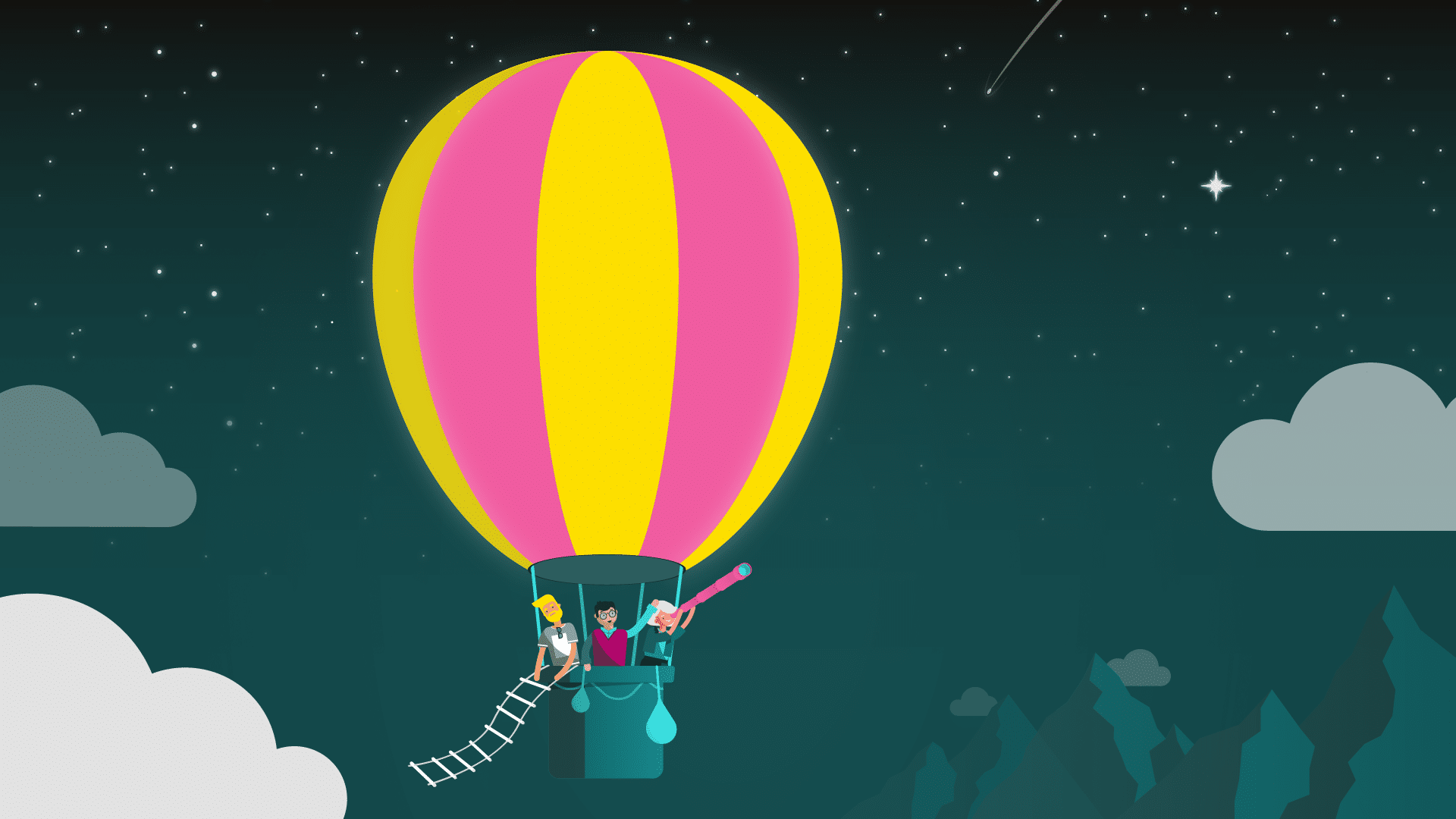 Animated characters in a hot air balloon